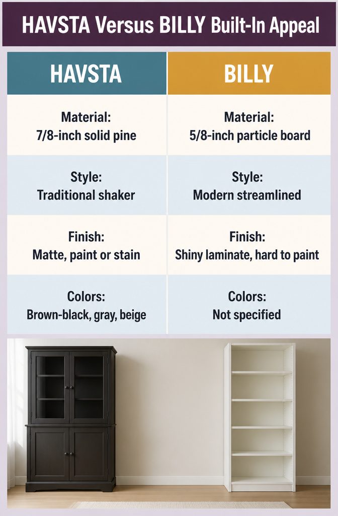 How to Build IKEA HAVSTA Built Ins With Trim, Frame and Paint 7 Comparison graphic listing HAVSTA and BILLY cabinet materials and features