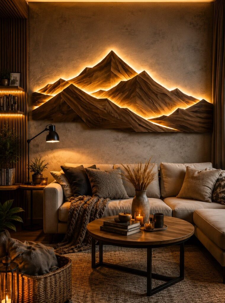 Backlit wooden mountain wall art hanging above a beige sofa in a living room.