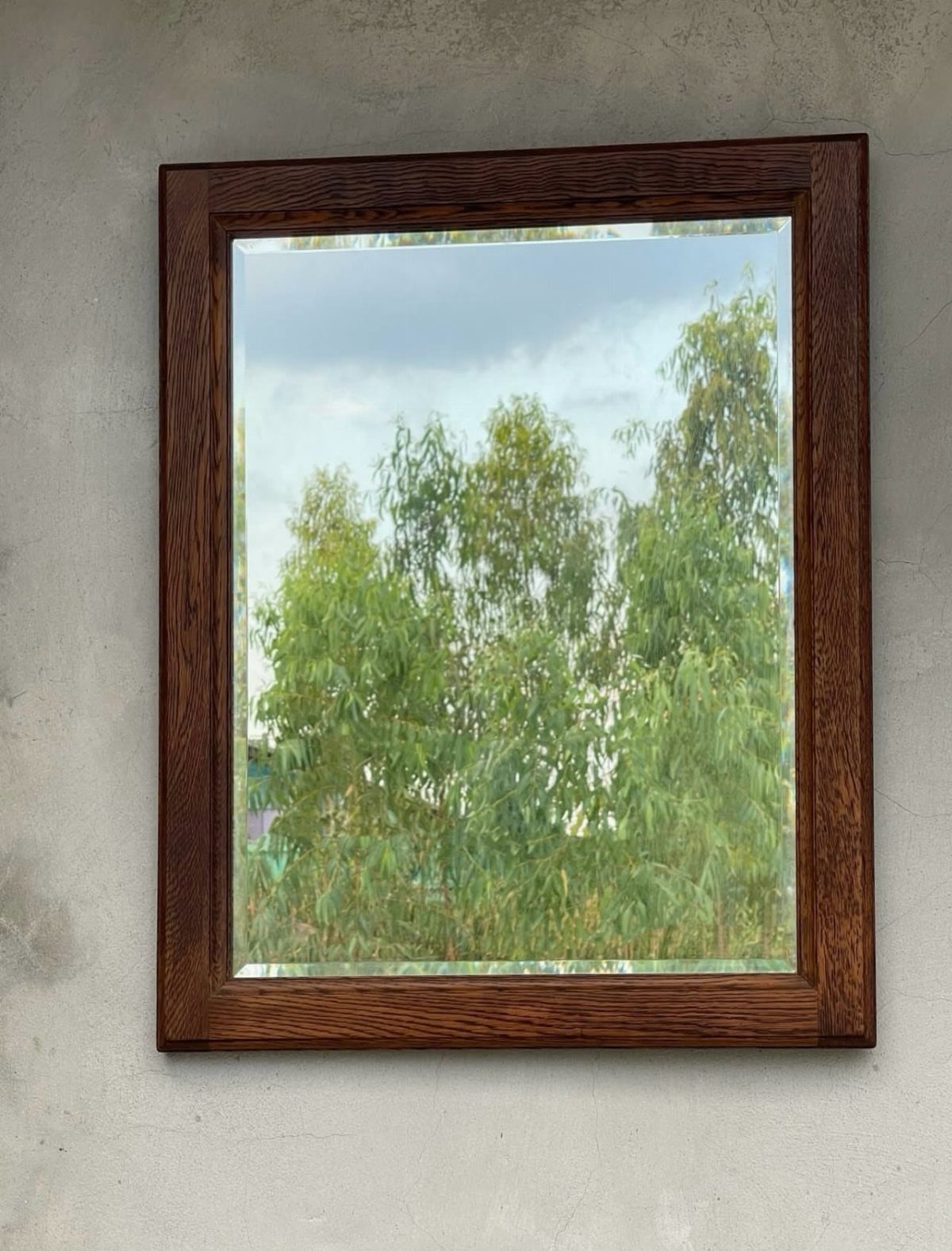 Mirror Wall Art: 25 Ideas from Sunburst to Floor Mirrors 10 Rectangular mirror with a dark brown wood frame reflecting green trees and sky.