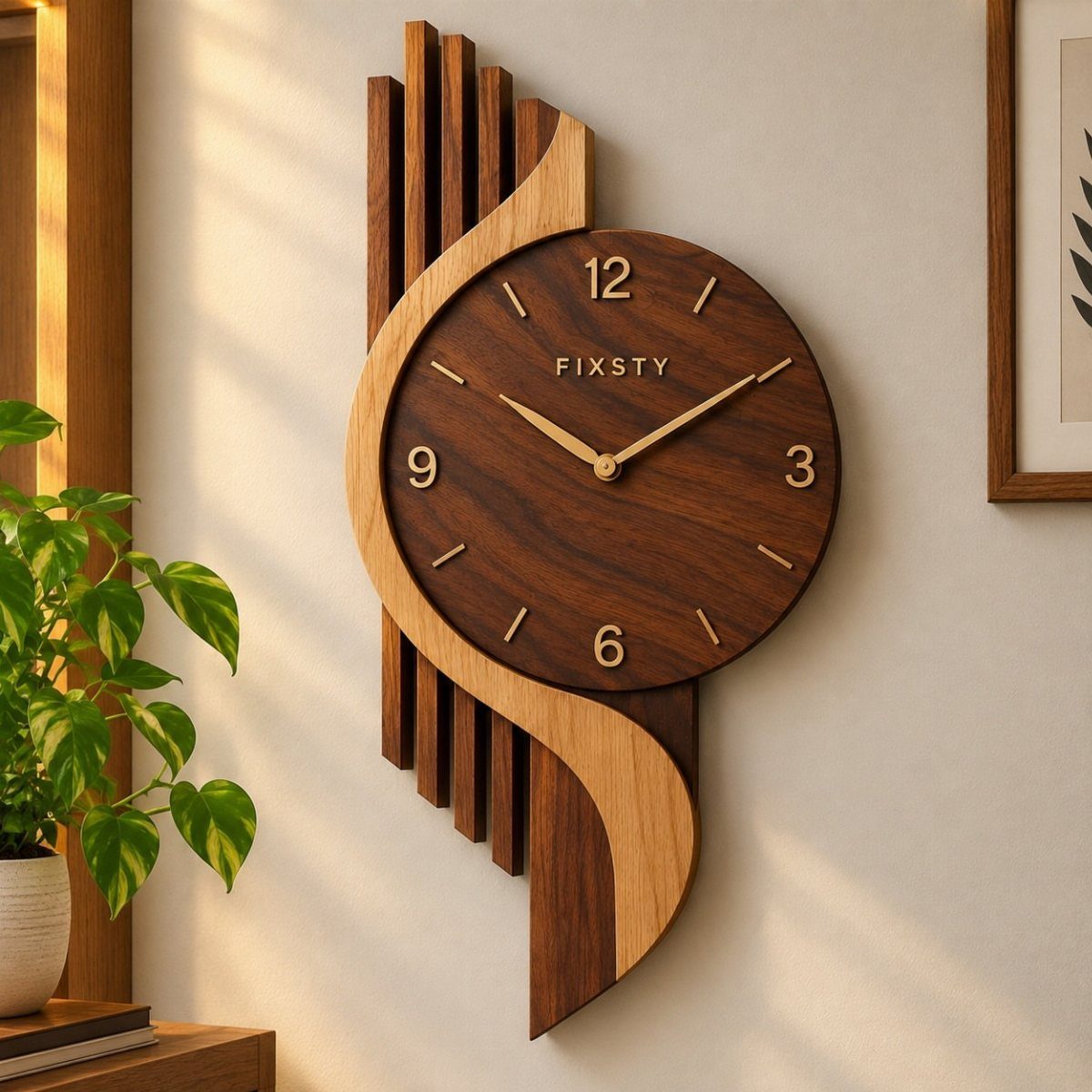 Wood Art Wall Decor: 28 Ideas, From Carved Panels to Mirrors 12 Wooden wall clock with gold hands and numbers on a decorative slat backing.