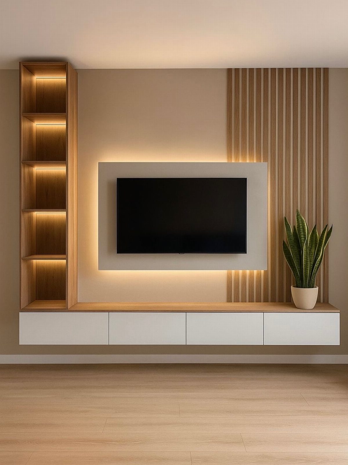 Modern floating console with white drawers and wood top under a wall-mounted TV.