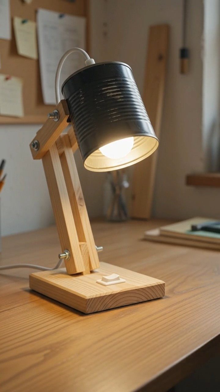 Make Table Lamp Ideas: 14 Designs in Wood, Glass and Ceramic 6 Handmade desk lamp with a black metal can shade and wooden frame.