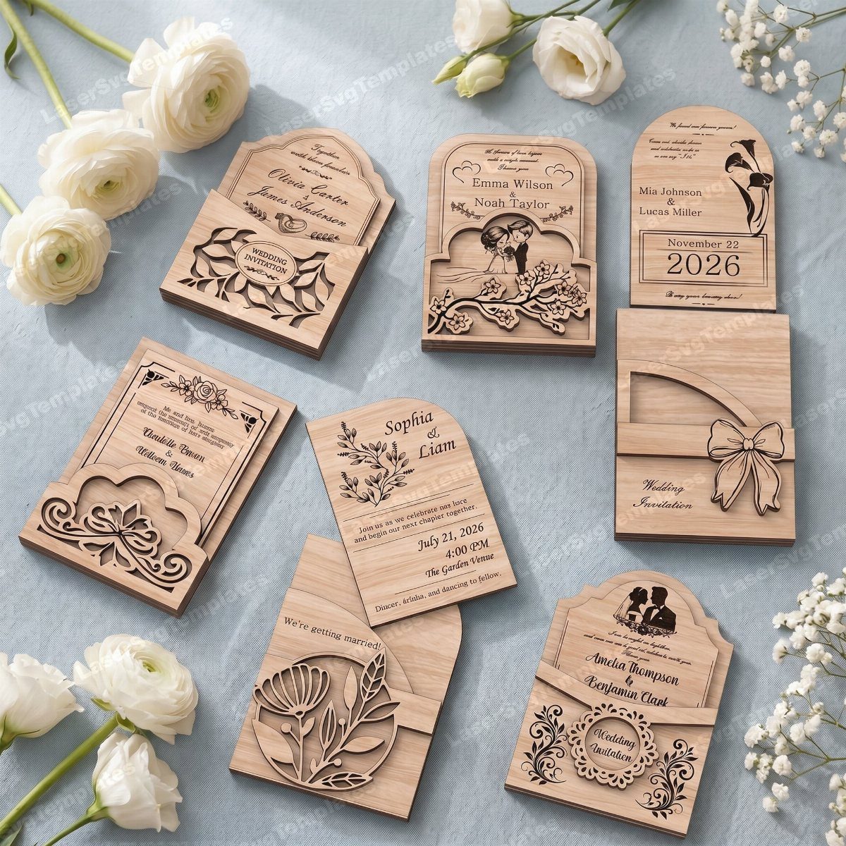 Engraved wooden wedding invitations with floral and ornate designs surrounded by white flowers.