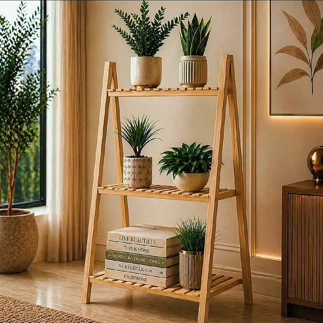 38 Flower Pot on Stand Ideas, from Iron Frames to Pedestals 4 Three-tier wooden ladder shelf with potted plants and books in a bright room.