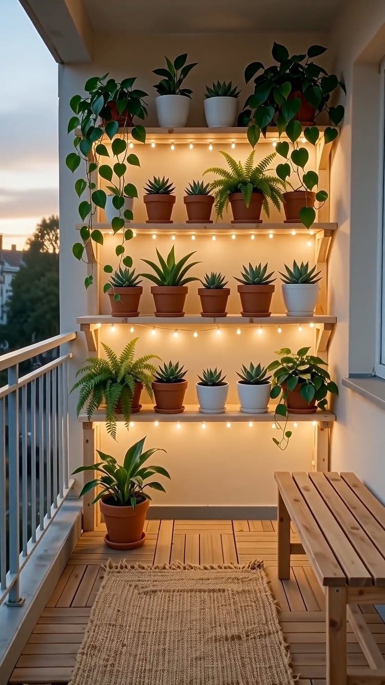 House Plant Pots: 21 Ideas in Ceramic, Terracotta and Metal 6 Wooden plant stand shelving unit with various potted houseplants and warm string lights.