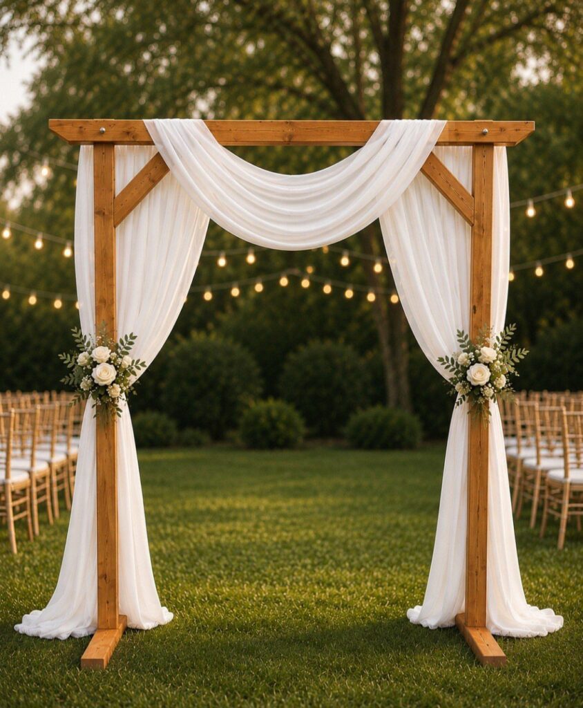 Wooden wedding arch with white fabric draping and floral bouquets on green grass.