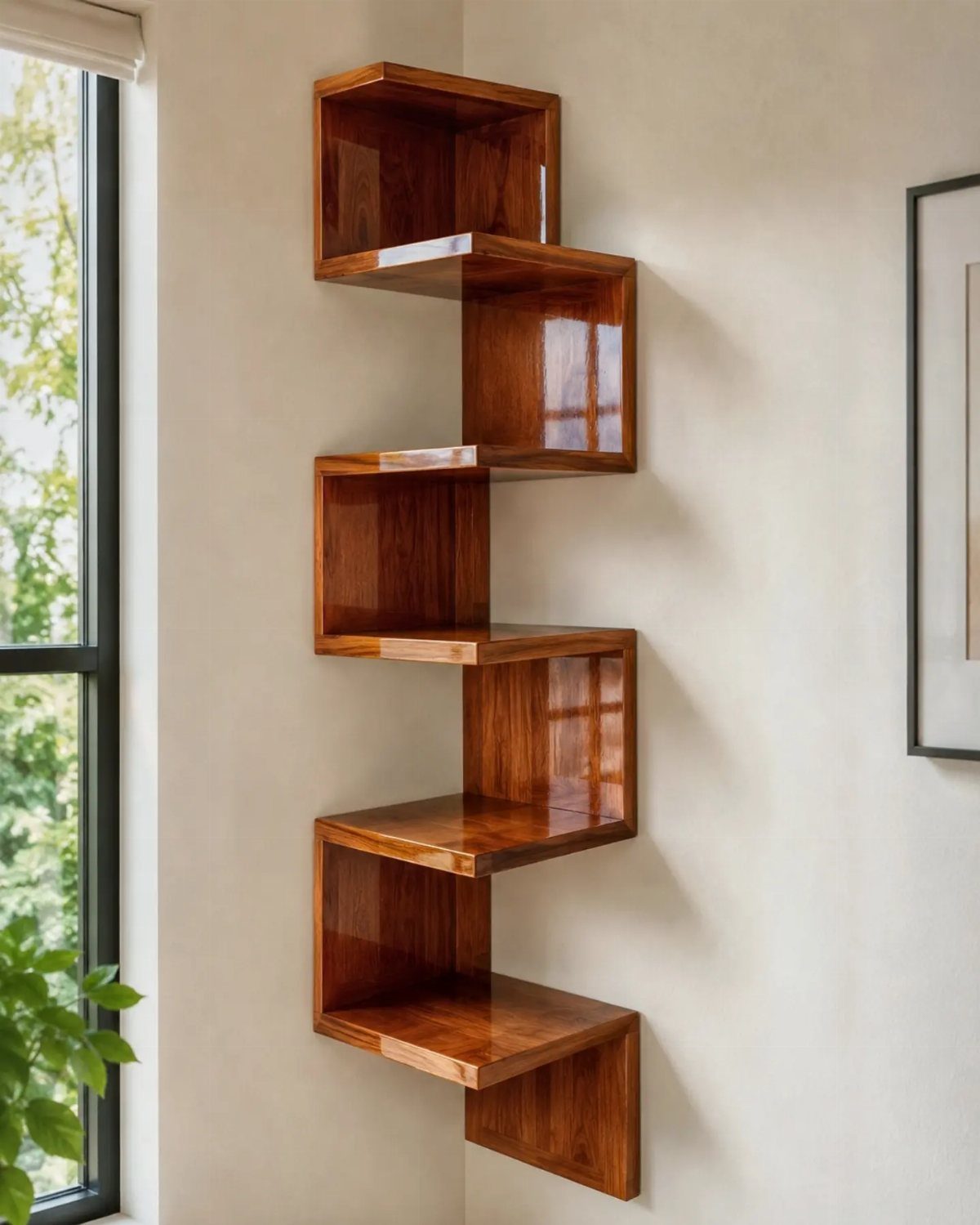 24 Corner Shelves IKEA Ideas for Kitchens, TVs and Plants 9 Glossy reddish-brown wooden zigzag floating shelves installed in a white room corner.